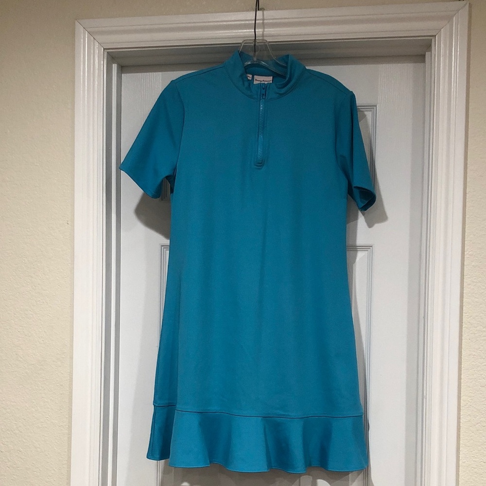 Tommy Bahama Women's Teal Short-Sleeve Zip-Front Ruffle Hem Golf Dress